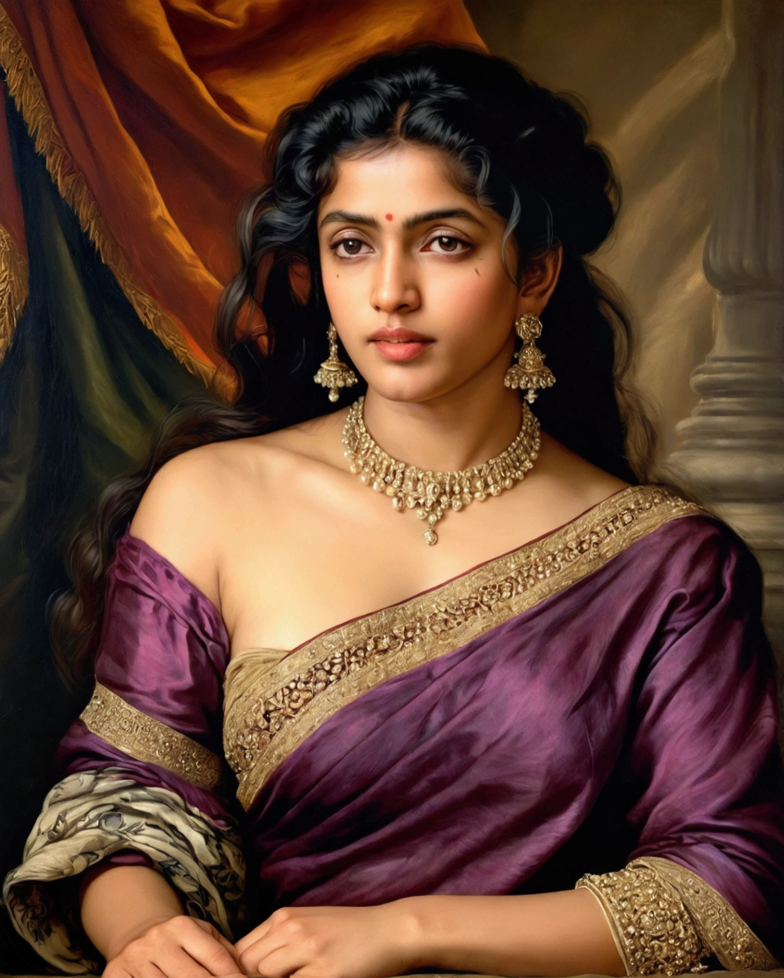 Best quality, highly detailed, masterpiece, Indian princess, Rajkanya, royal clothes, Masterpiece, extremely gorgeous woman, matchless Beauty, portrait, Peter Paul Rubens style, Woman, off shoulder bandeau crop blouse, middle ages, classicism, andrey atroshenko style, painting, long hair, styled hair, traditional media, realistic, figurative, fine art, detailed Art, oil on canvas, HDR, 8K, original character, high resolution, high detail, focus on the face, intricate, flawless, fluffy hair, Peter Paul Rubens style, By Peter Paul Rubens, sharp picture, avoid crown or mukut in picture,, Raja Ravi Varma 