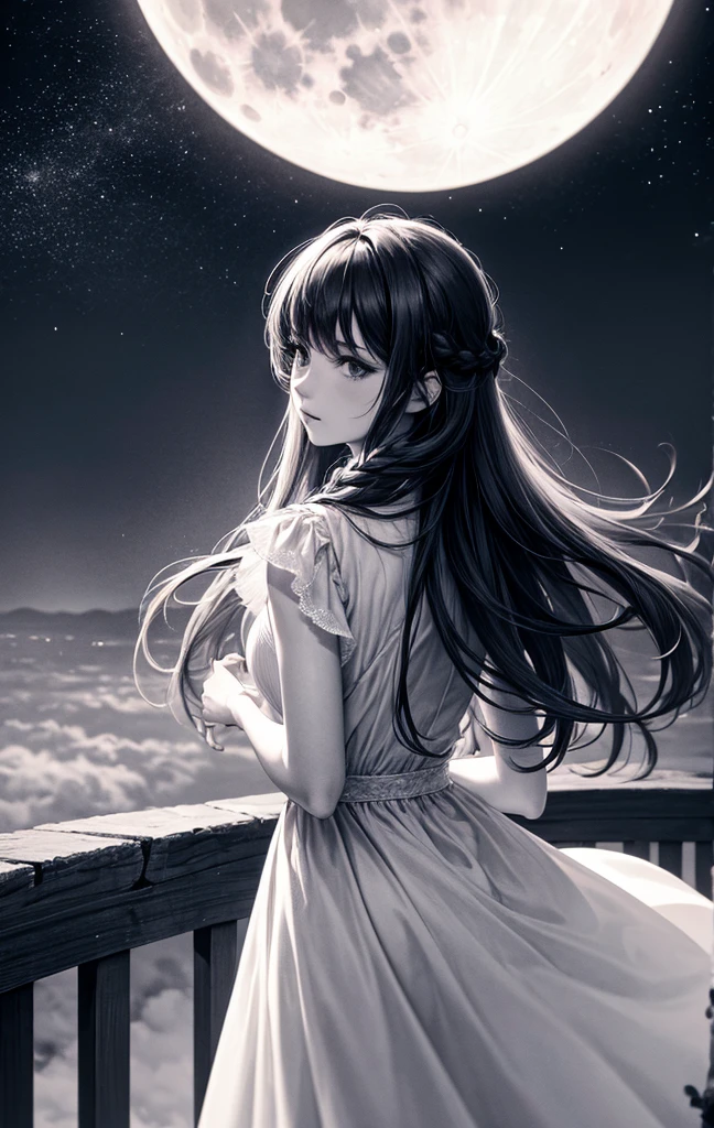 best quality, 8k, high resolution, ultra-detailed, extremely detailed, top quality, realistic, 1girl, solo, long hair, dress, standing, monochrome, braid, from behind, white dress, moon, scenery, full moon, planet