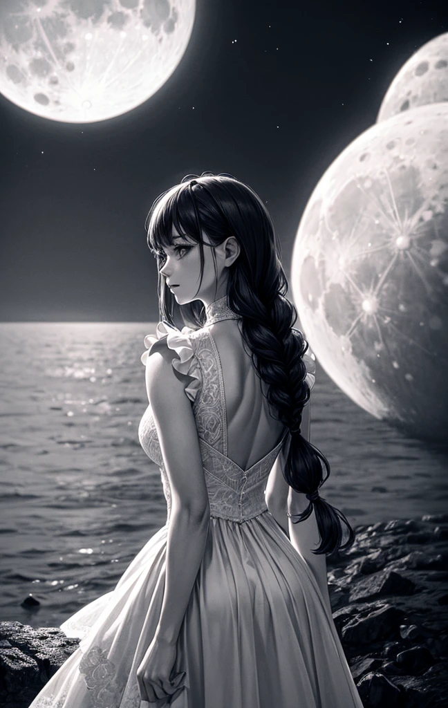 best quality, 8k, high resolution, ultra-detailed, extremely detailed, top quality, realistic, 1girl, solo, long hair, dress, standing, monochrome, braid, from behind, white dress, moon, scenery, full moon, planet