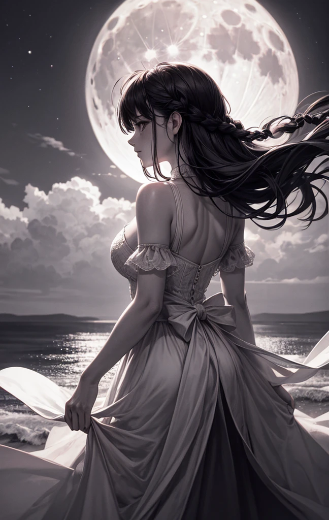 best quality, 8k, high resolution, ultra-detailed, extremely detailed, top quality, realistic, 1girl, solo, long hair, dress, standing, monochrome, braid, from behind, white dress, moon, scenery, full moon, planet