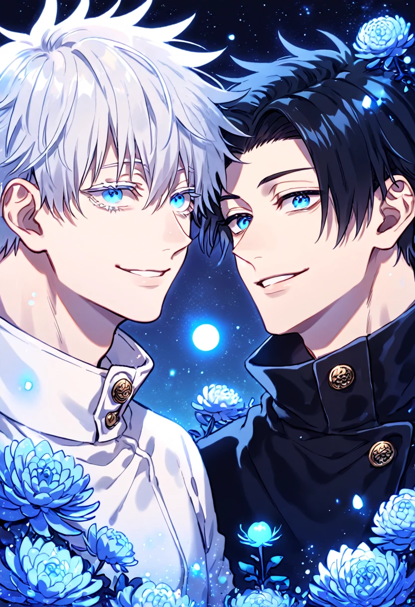 absurdres, highres, ultra detailed, HDR, master piece, best quality, extremely detailed, Okkotsu Yuuta, black hair, expressive blue eyes, Jujutsu Kaisen, Gojou Satoru, white hair, expressive blue eyes, white eyelashes, two sexy men together, yaoi, gay couple, handsome, handsome smile, black uniform with high collar, white uniform, fantasy, water, sparkling, blue glittering fireflies, blue moon, blue blossoms, blue chrysanthemums, blue sparkling lights, starry sky