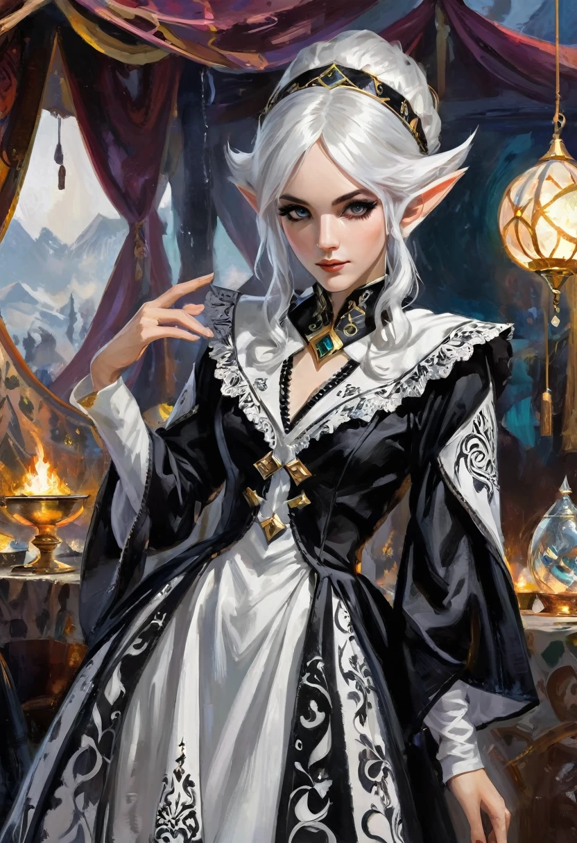 1 magician woman using his magic powers, expressive black eyes, elf ear, white hair, black patterned clothes dress, , american plan portrait , in fortune teller tent background, detail richness, masterpiece, best quality