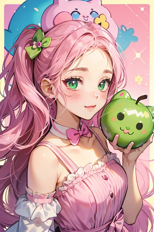 A green apple candy girl cat with a winking eye and a slanted mouth. Imprinted on her forehead is the Num Noms logo with a wrapped candy border. She wears a fuchsia wrapper twisted into a bow to match her light pink blushed cheeks. SPARKLE; GLITTER