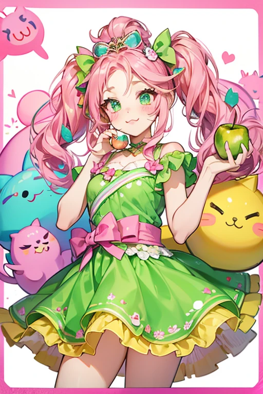 A green apple candy girl cat with a winking eye and a slanted mouth. Imprinted on her forehead is the Num Noms logo with a wrapped candy border. She wears a fuchsia wrapper twisted into a bow to match her light pink blushed cheeks. SPARKLE; GLITTER