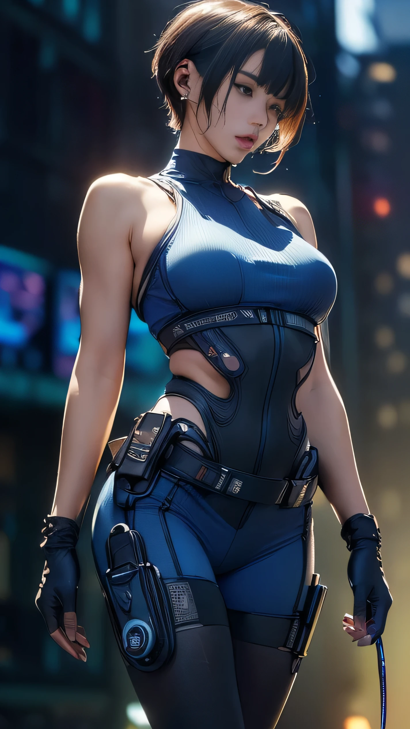 (A woman),(((A female member of the Future Force stands))),((Shiny dark blue tactical tights:1.5)),((earphone:1.5)),((Tactical Holster:1.5)),(Gloves:1.5),(Serious:1.5),(Super short hair:1.5),(beautiful eyes:1.3),(Very detailedな顔:1.5),((Very detailed drawing of a female hand:1.5)),(((muscular:1.5))),((Sexy appearance:1.5)),((Thick thighs:1.5)),(Beautiful Body:1.5),((Very sensual:1.5)),(The backdrop is a futuristic city:1.5),(Cyberpunk atmosphere:1.5),(((Blurred Background:1.5))),(Written border depth:1.5),rest(((masterpiece:1.5),(best quality:1.5),(Very detailed:1.5),(high resolution:1.5),(Practical:1.5),(Practical:1.5),(Delicate depiction),(Carefully drawn))),8k,wallpaper