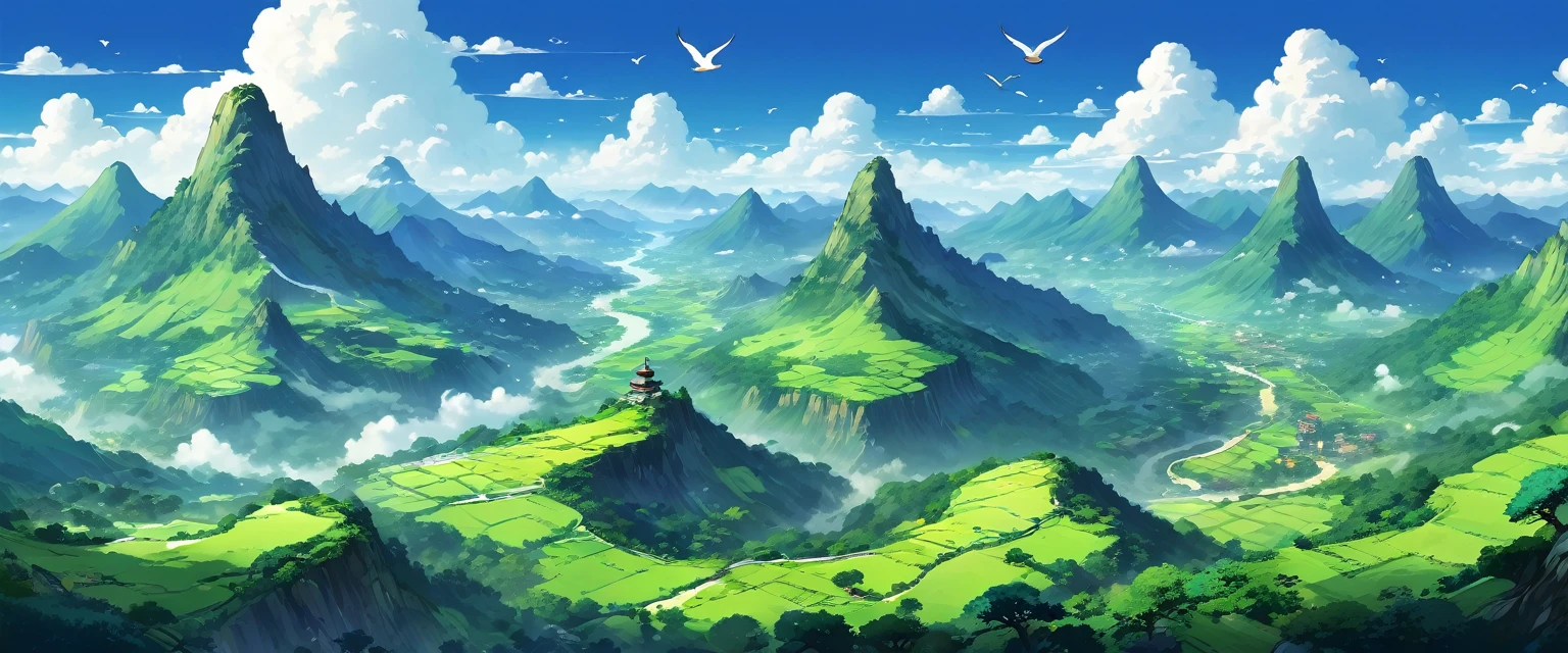 valley,There are endless mountains of various shapes and sizes.,Very spectacular,valley中还有瀑布和树林,There are birds in the sky。Bird's eye view composition,Panorama pictures,Scene screen,Game concept art style,Anime illustration style,HD,4K。