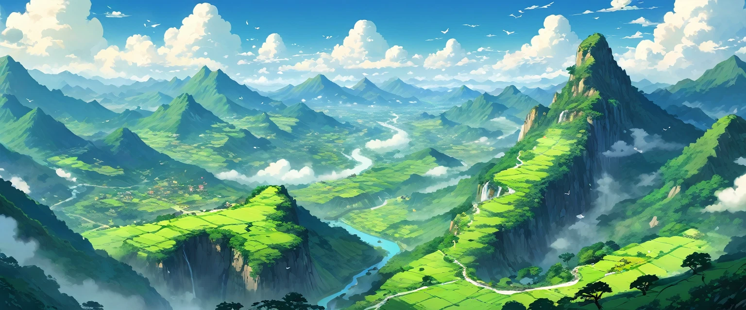 valley，There are endless mountains of various shapes and sizes.，Very spectacular，valley中还有瀑布和树林，There are birds in the sky。Bird's eye view composition，Panorama pictures，Scene screen，Game concept art style，Anime illustration style，HD，4K。