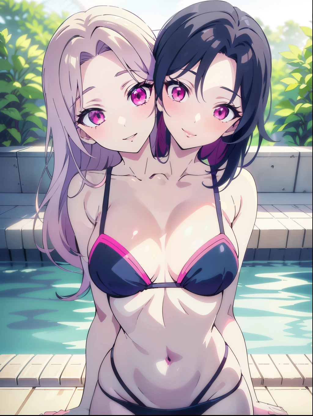 Masterpiece, Best quality, A high resolution, 1 girl, Side lighting, Masterpiece, Best quality, A high resolution, Tsunade, (three_heads:1.3),(blue hair), (pink hair),( magenta eyes), blue-green eyes) A half body, swimming pool, Beautiful eyes, Gorgeous lips, medium breasts,Be red in the face), gentle smile