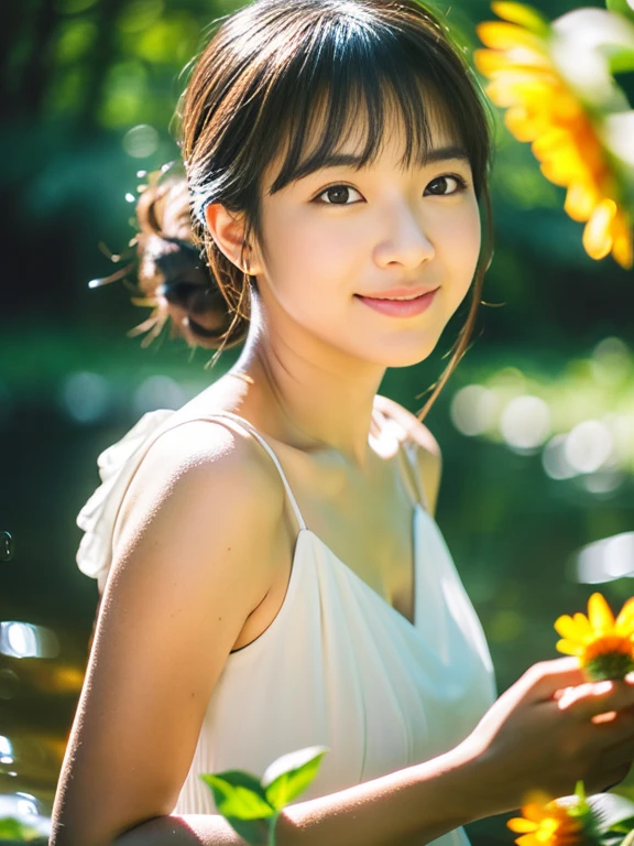 (masterpiece, best quality), outstanding details, ultra-high resolution, 
anatomically correct, wide shot, atmospheric perspective,

A beautiful woman walking along a stream in the forest, A lovely Japanese woman, 30 years old, 

cowboy shot,  (holding a sunflower, reaching out), 

(Plump:1.4), 

Happy smile, Mouth slightly open, looking at viewer,

round face, tareme, Downturned Eyes, pupils sparkling, small cute nose, thin lips, thin eyebrows, 

brown hair, low ponytail, short hair, swept bangs,

(wearing A white elegant slip dress made of a transparent smooth material), 

(background: Serene riverside with blossoming wildflowers at the forest)
depth of field, backlighting, morning sunlight, cinematic lighting, Reflected light from below, reflection light, dreamy atmosphere,  animated expression, 