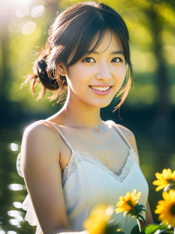 (masterpiece, best quality), outstanding details, ultra-high resolution,
anatomically correct, wide shot, atmospheric perspective,
A beautiful woman walking along a stream in the forest, A lovely Japanese woman, 30 years old,
cowboy shot, (holding a sunflower, reaching out),
(Plump:1.4),
Happy smile, Mouth slightly open, looking at viewer,
round face, tareme, Downturned Eyes, pupils sparkling, small cute nose, thin lips, thin eyebrows,
brown hair, low ponytail, short hair, swept bangs,
(wearing A white elegant slip dress made of a transparent smooth material),
(background: Serene riverside with blossoming wildflowers at the forest)
depth of field, backlighting, morning sunlight, cinematic lighting, Reflected light from below, reflection light, dreamy atmosphere, animated expression,