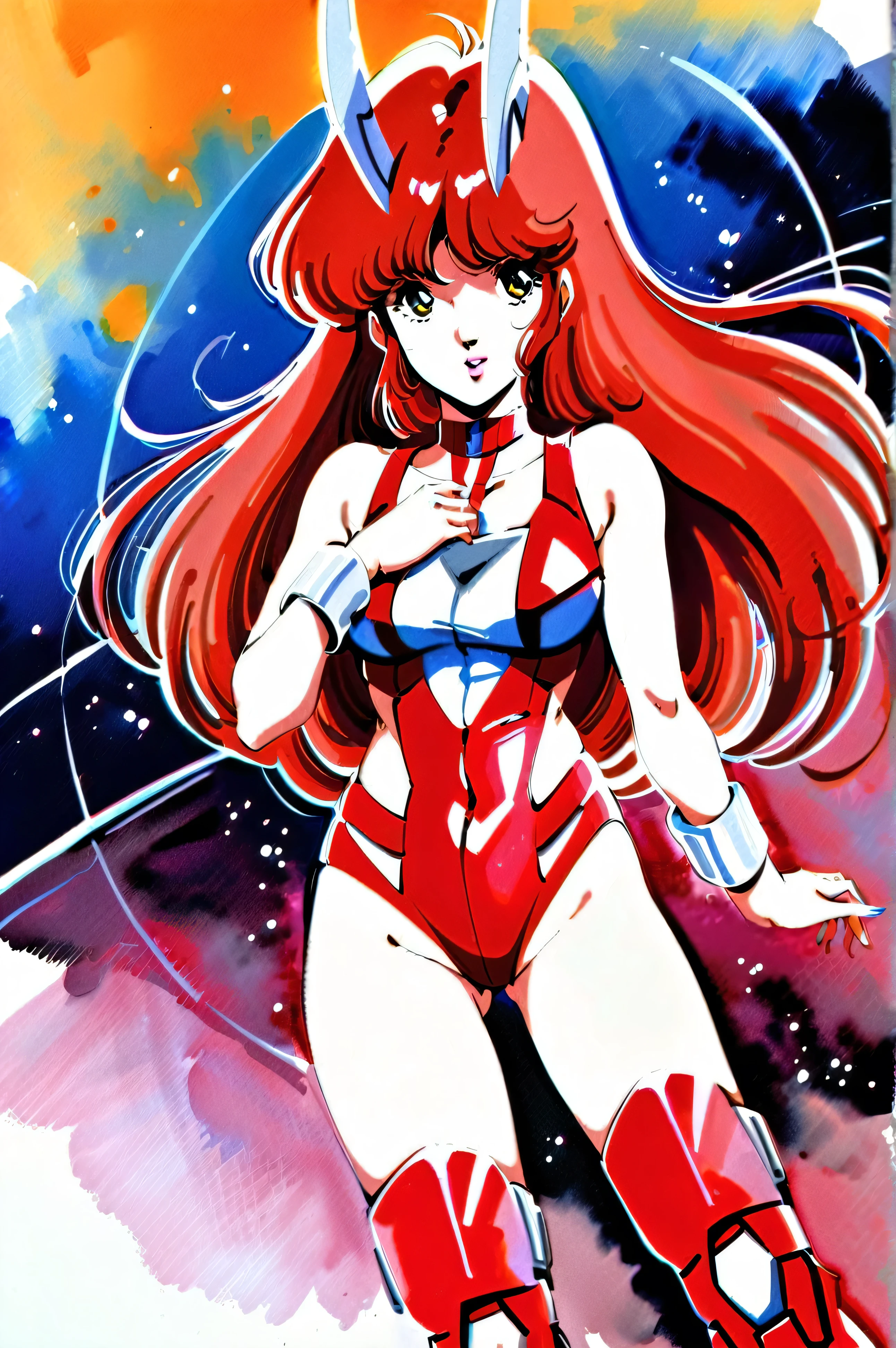 1girl, 1980s (style), retro artstyle, long hair, red hair, solo, red swimsuit, machine core exposed on chest, exposed shoulders, white large waist armour, red boots, robotic antenna ears, white bracelet, white claws, traditional media, watercolor (medium), full portrait, looking at viewer, futuristic background