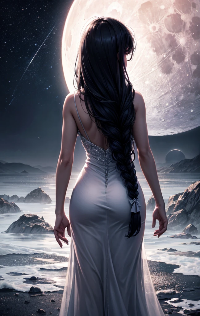 best quality, 8k, high resolution, ultra-detailed, extremely detailed, top quality, realistic, 1girl, solo, long hair, dress, standing, monochrome, braid, from behind, white dress, moon, scenery, full moon, planet