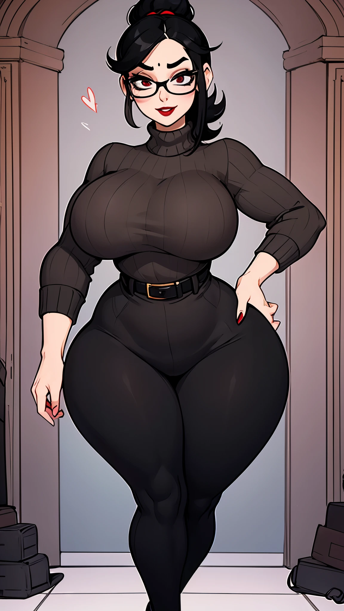 Psychologist woman, milf, extra curvy, mischievous face, big round glasses, pale skin, Red lips, black hair, onion hair up, sweater gris, black dress pants, Thin waist, Wide hips, thick thighs, long legs, office background with bookcase