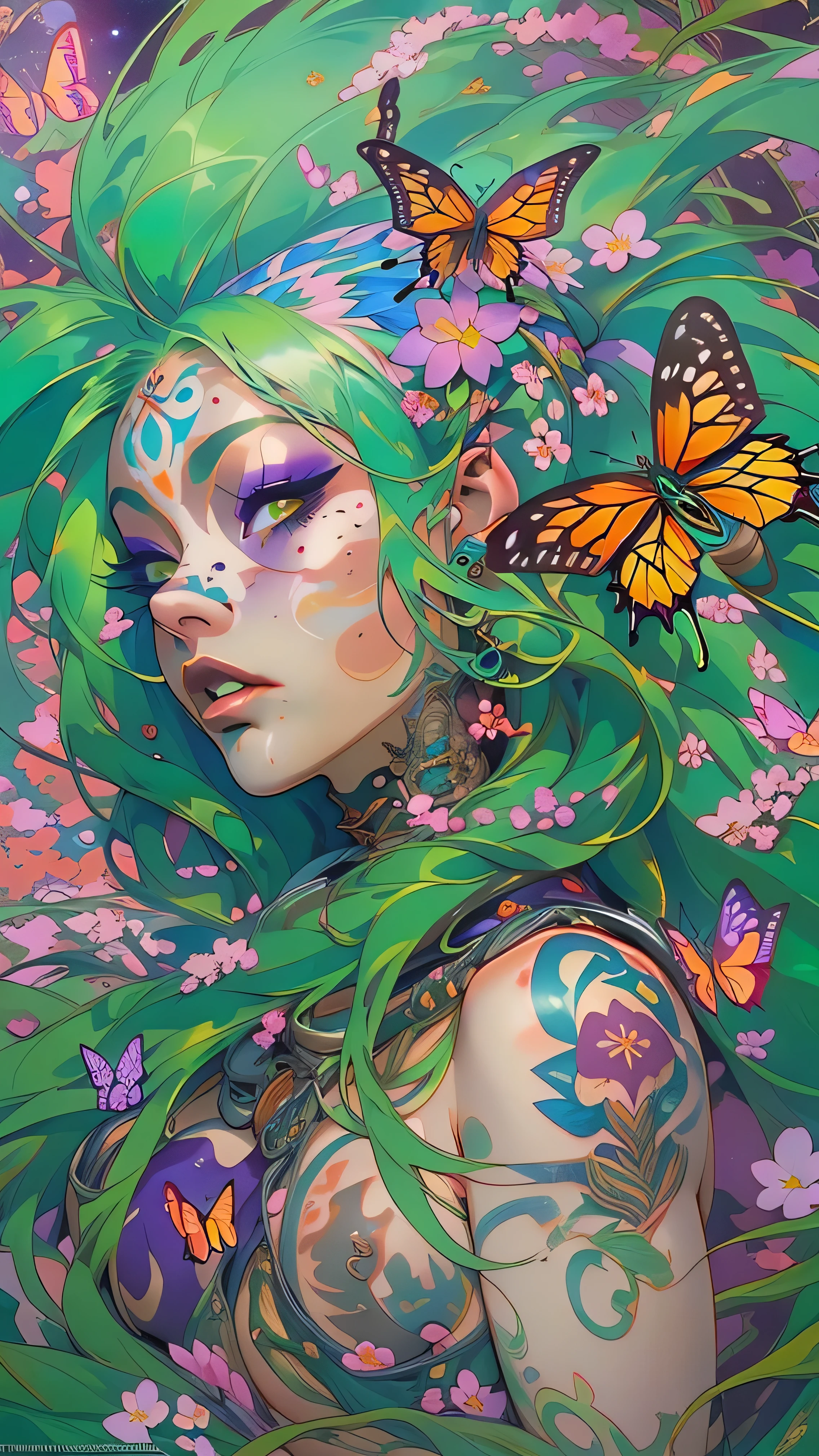 (NSFW, vaginal penetration, having sex:1.4), (masterpiece, top quality, best quality, official art, beautiful, cosmic, atmospheric, psychedelic, dreamlike and aesthetic:1.2), (1girl, green punk rock mohawk hair, tons of tattoos and piercings, super huge enormously gigantic tits), extreme detailed,(fractal art:1.3),colorful,highest detailed, cherry blossoms and butterflies blowing in the wind