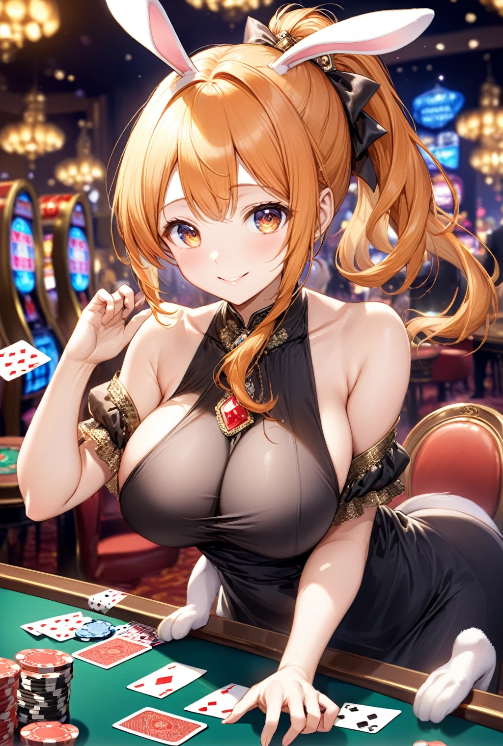 (Highest quality, 8k, 32K, masterpiece, Ultra-high resolution,:1.2),to be born, One Girl,So cute , Casino-like fantasy background, clear, Shining Eyes, Age 25 ,Fair skin, Orange-haired girl, Fantasy Clothing, Long Hair, An innocent smile, Large Breasts, Big Breasts, Black Dress, night, dealer, Have a playing card, poker, table, Chips are loaded, money, ponytail, Short Hair,, Bunny girl, Nyan Nyan Pose