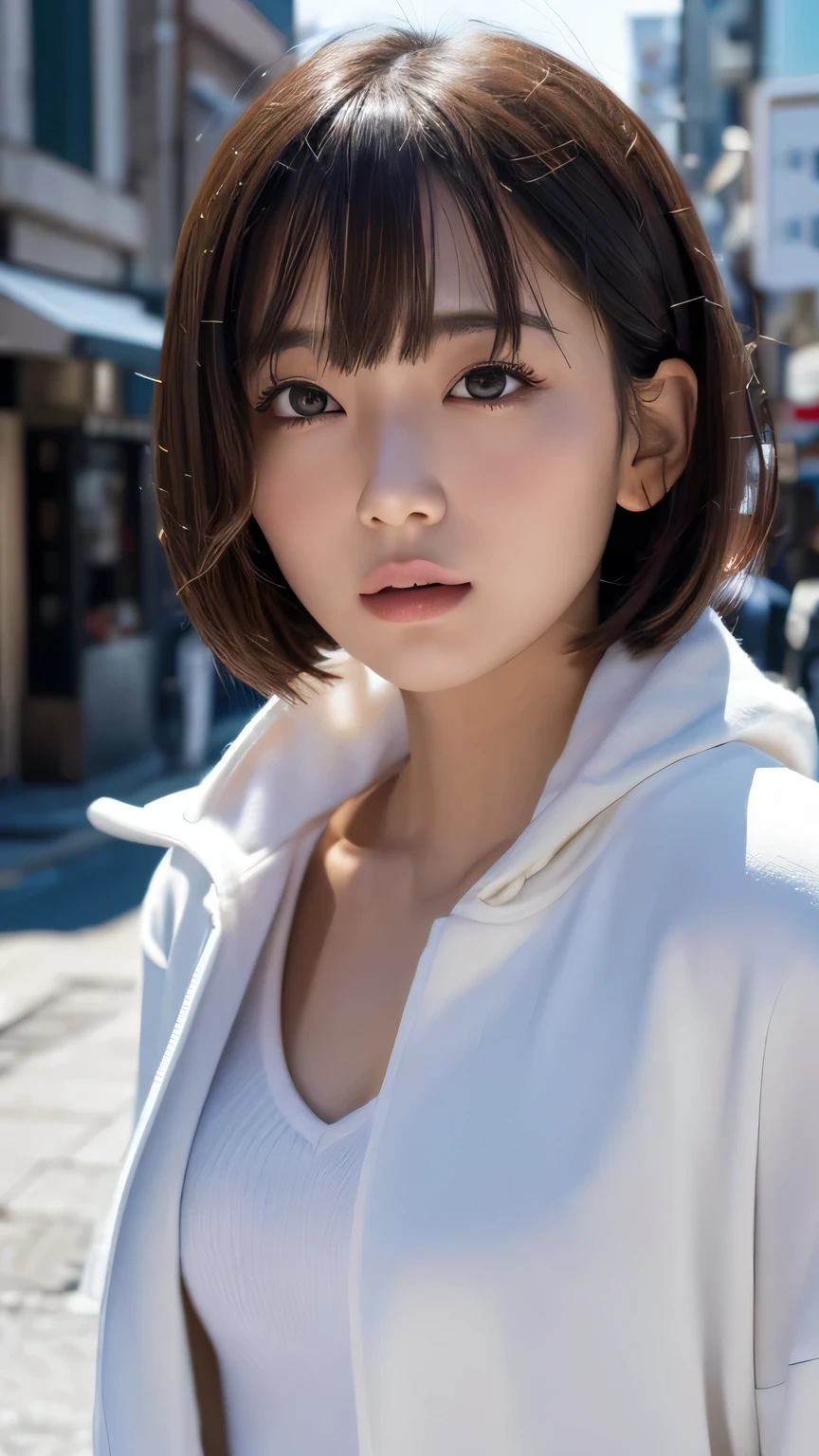 (Ultra-realistic), (figure), (High resolution), (8k), (Very detailed), (Best figure), (Beautiful and detailed), (Highest quality), (Super detailed), (masterpiece), (wallpaper), (Detailed face), alone, One Girl, watching viewer, Trendy clothes,Less exposure、Fine details, Detailed face, In the Dark, Deep Shadow, Modest, Pure Erotic Face Ace_v1, cool, short hair, Pointed diagonal bangs,Aoyama Street