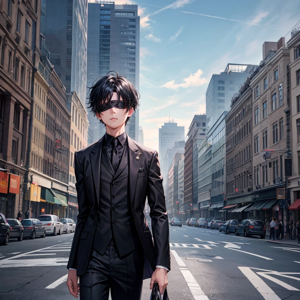 1boy, black hair, blindfolded, wearing all black suits, on top of a building, crying, high res, ultrasharp, 8k, masterpiece, looking at viewer from behind