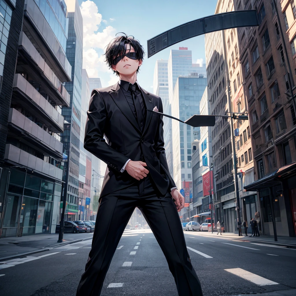 1boy, black hair, blindfolded, wearing all black suits, on top of a building, crying, high res, ultrasharp, 8k, masterpiece, looking at viewer from behind