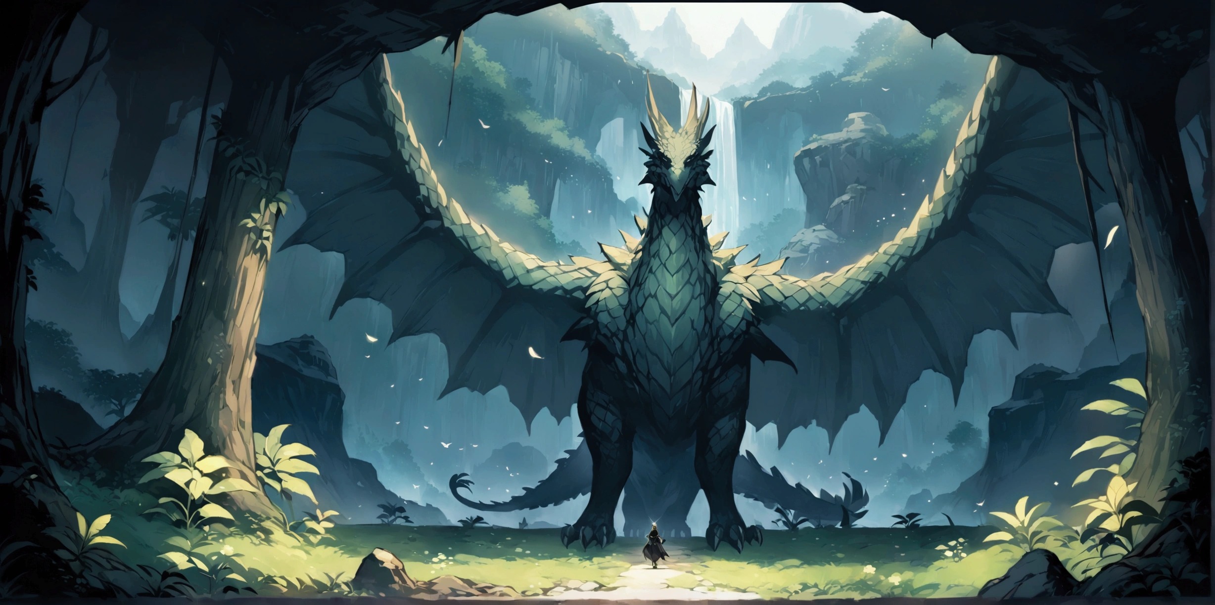 cave,The interior of the cave,Pitch black,There are some crystals inside that are shimmering,There is also a giant dragon sleeping next to it.。Bird's eye view composition,Panorama pictures,Scene screen,Game concept art style,Anime illustration style,HD,4K。