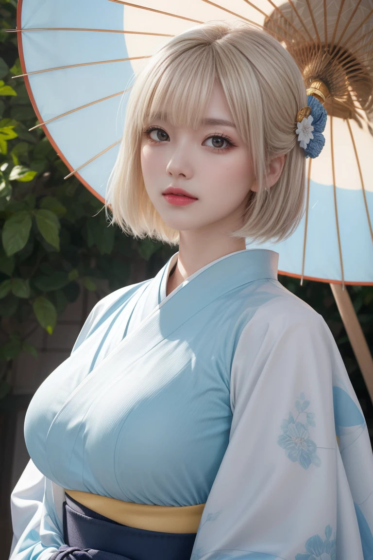 reflected light、Platinum blonde hair with dazzling highlights、Shiny Hair、beautiful shiny bangs、bright, clear, Charm, large blue eye、A very beautiful, adorable and cute 16 year old girl.、Ample Bust、Beautiful detailed eye、 Beautifully detailed nose,((whole body:1.5)),eyeを強調するメイク、Scattered beneath the surface、Glamorous details、Nature background、Super huge breasts、((Cinematic))、(Loose and fluffy perm:1.4)、1 girl、((Bob Hair:1.3))、超Genuineな8K CG、絵に描いたようなperfectionなperfectionな顔、perfection、clean、masterpiece、Professional artwork、 Famous works of art、perfectionな顔、Beautiful Face、美しいeyeのない女性の体))、alone、(Immersive atmosphere、Claire Obscure:1.5、bright light:1.2、bright lighting)、(blush:0.5)、Captivating look、Very detailed_eye、Beautifully detailed backgrounds、Written boundary depth、Genuine:1.3、Long Shot、whole body、(Zhou Haoguang:1.3)、(Cinematic composition:1.3)、(Puffy eye:1.2)、(Slim legs)、(Light on face and chest)、(((((Underbust)))))、Under the chest、Oily skin、thin、 Mature Woman、Light blue hair、((bright灰色の髪))、(((Two-tone hair)))、Slender women、Cute Woman、 8K Ultra HD,Detailed face、Delicate texture, ((Japanese clothing style))、((Girl in kimono))、((A girl holding an umbrella))、((Wear a Japan kimono))、(At dusk)、(shrine)、Holding an umbrella、(Kimono Beauty)、It&#39;s very interesting、(((Girl holding a paper umbrella)))、(((傘の棒はstraight line)))、(((straight line)))