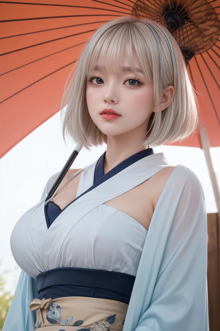 reflected light、Platinum blonde hair with dazzling highlights、Shiny Hair、beautiful shiny bangs、bright, clear, Charm, large blue eye、A very beautiful, adorable and cute 16 year old girl.、Ample Bust、Beautiful detailed eye、 Beautifully detailed nose,((whole body:1.5)),eyeを強調するメイク、Scattered beneath the surface、Glamorous details、Nature background、Super huge breasts、((Cinematic))、(Loose and fluffy perm:1.4)、1 girl、((Bob Hair:1.3))、超Genuineな8K CG、絵に描いたようなperfectionなperfectionな顔、perfection、clean、masterpiece、Professional artwork、 Famous works of art、perfectionな顔、Beautiful Face、美しいeyeのない女性の体))、alone、(Immersive atmosphere、Claire Obscure:1.5、bright light:1.2、bright lighting)、(blush:0.5)、Captivating look、Very detailed_eye、Beautifully detailed backgrounds、Written boundary depth、Genuine:1.3、Long Shot、whole body、(Zhou Haoguang:1.3)、(Cinematic composition:1.3)、(Puffy eye:1.2)、(Slim legs)、(Light on face and chest)、(((((Underbust)))))、Under the chest、Oily skin、thin、 Mature Woman、Light blue hair、((bright灰色の髪))、(((Two-tone hair)))、Slender women、Cute Woman、 8K Ultra HD,Detailed face、Delicate texture, ((Japanese clothing style))、((Girl in kimono))、((A girl holding an umbrella))、((Wear a Japan kimono))、(At dusk)、(shrine)、Holding an umbrella、(Kimono Beauty)、It's very interesting、(((Girl holding a paper umbrella)))、(((傘の棒はstraight line)))、(((straight line)))