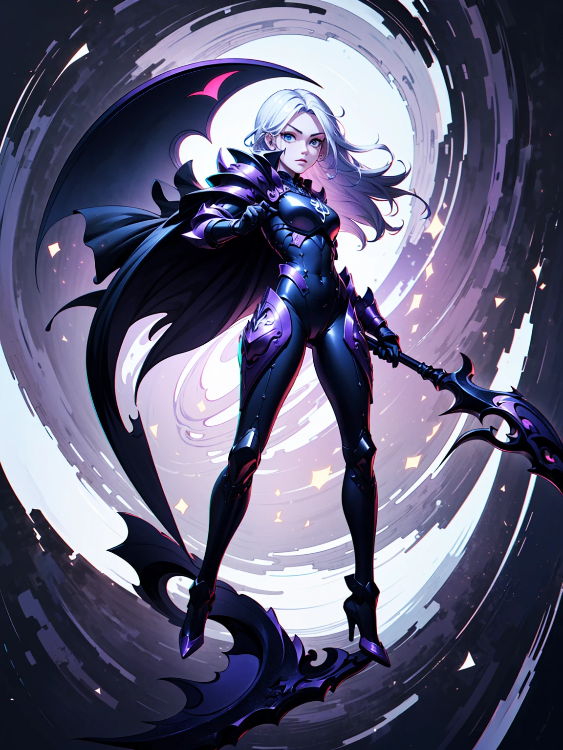 (((masterpiece, best quality, high detailed, 16k))) (1girl) A breathtakingly beautiful young slender girl with long flowing stylish white hair and piercing blue eyes. She wears a demonic armor in purple black and white. wields a large stylized scythe. ((full body view))