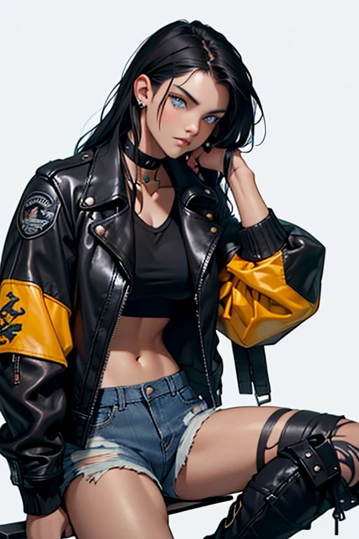 black haired girl, dark brown eyes, mestiza, with leather jacket, Black choker, ripped jean shorts, black military style boot boots, white short shirt, piercings and a tattoo next to a large white wolf with blue eyes with small black spots and an ice dragon with yellow eyes