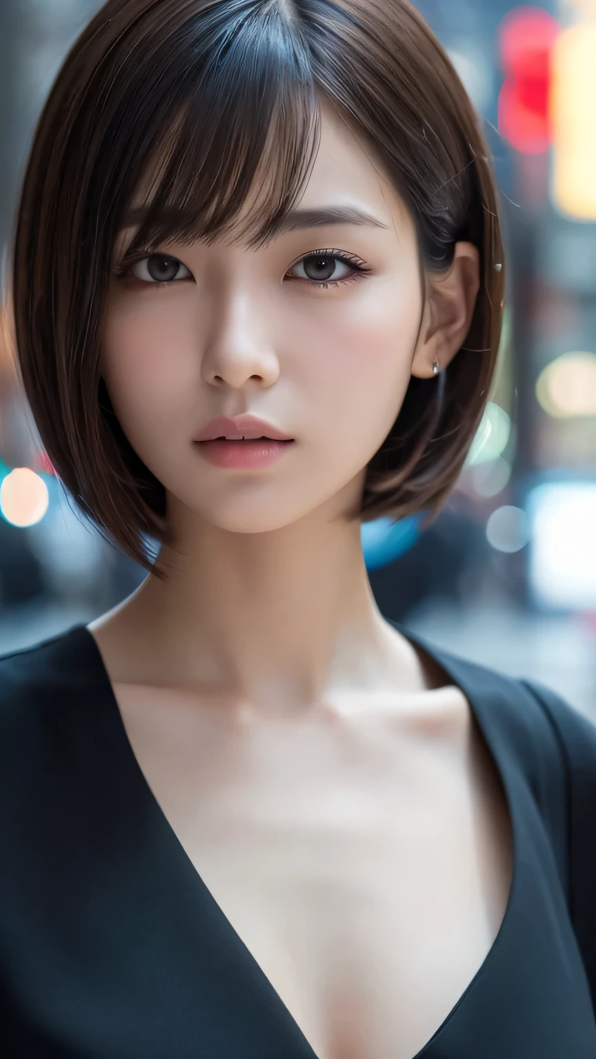 a close-up of a woman with , ela tem cabelo preto with bangs, hime black haircut, ulzzang, korean, with short hair with bangs, with short hair, dilraba dilmurat, garota korean cruel, hairstyle with bangs style, with bangs, korean symmetrical,,,,,,,,,,,,,, ultra-detailed portrait of lips with dark nude lipstick.The image is full HD with impressive clarity that captures every detail,from the soft lines of the lips to the subtle shine of the lipstick. the lighting accentuates the depth of the color,creating a dramatic and seductive effect,with a dark background to contrast and highlight the lips. with a v-neck shirt highlighting her beautiful breasts.