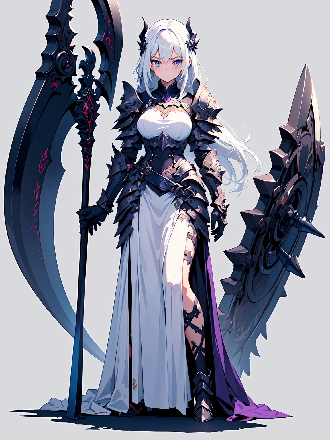 (((masterpiece, best quality, high detailed, 16k))) (1girl) A breathtakingly beautiful young slender girl with long flowing stylish white hair and piercing blue eyes. She wears a demonic armor in purple black and white. wields a large stylized scythe. ((full body view))