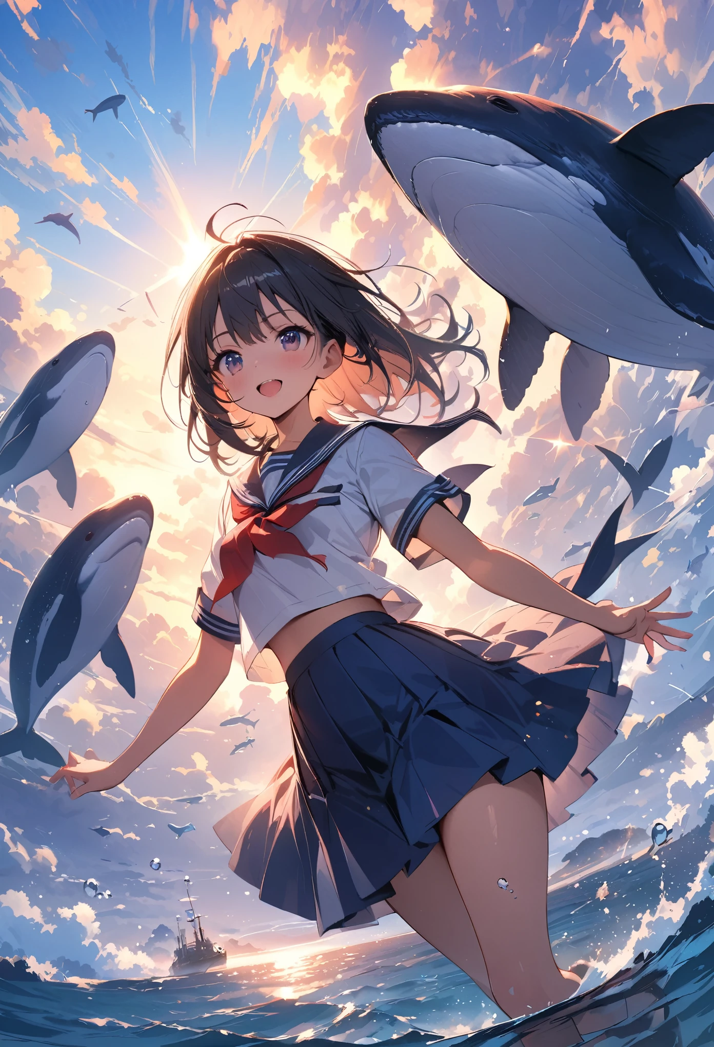 (masterpiece:1.2), (Highest quality:1.2), Ultra-high resolution, Very detailed, Perfect lighting, Whales flying in the sky, Sailor uniform, Anime Girls, Otherworldly fantasy, cute, Dynamic Angle