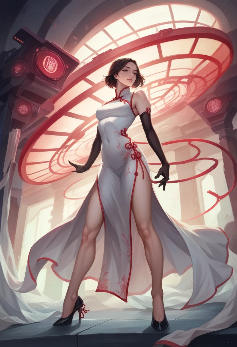 A beautiful girl with a mechanical body, wearing a Japanese school uniform, a bodysuit, a qipao dress, high heels, and gloves, (best quality,4k,8k,highres,masterpiece:1.2),ultra-detailed,(realistic,photorealistic,photo-realistic:1.37),beautiful detailed eyes,beautiful detailed lips,extremely detailed eyes and face,longeyelashes,intricate detailed mechanical body, elegant pose, cinematic lighting, vibrant colors, digital art, concept art