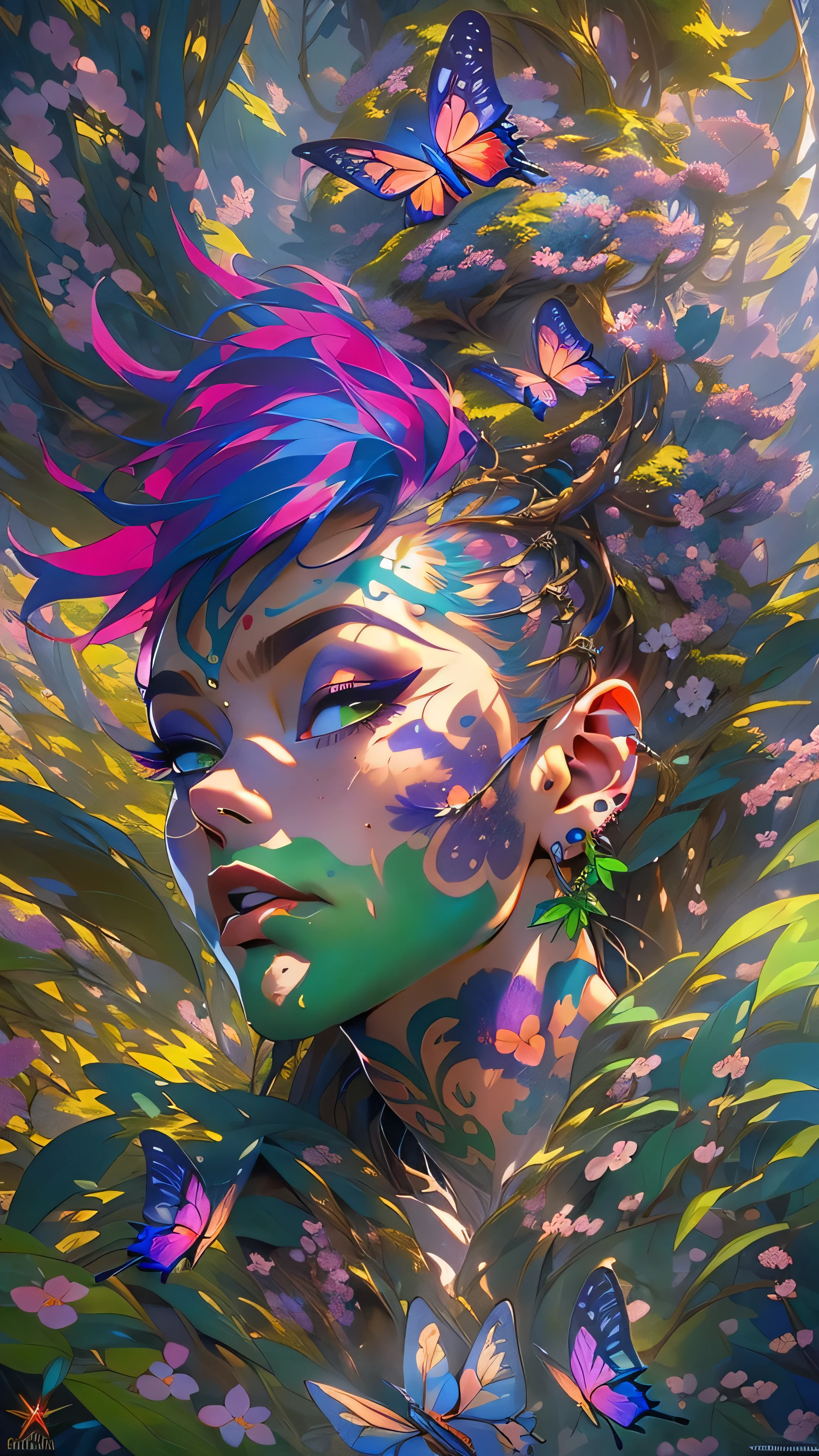 (NSFW, vaginal penetration, having sex:1.4), (masterpiece, top quality, best quality, official art, beautiful, cosmic, atmospheric, psychedelic, dreamlike and aesthetic:1.2), (1girl, green punk rock mohawk hair, tons of tattoos and piercings, super huge enormously gigantic tits), extreme detailed,(fractal art:1.3),colorful,highest detailed, cherry blossoms and butterflies blowing in the wind
