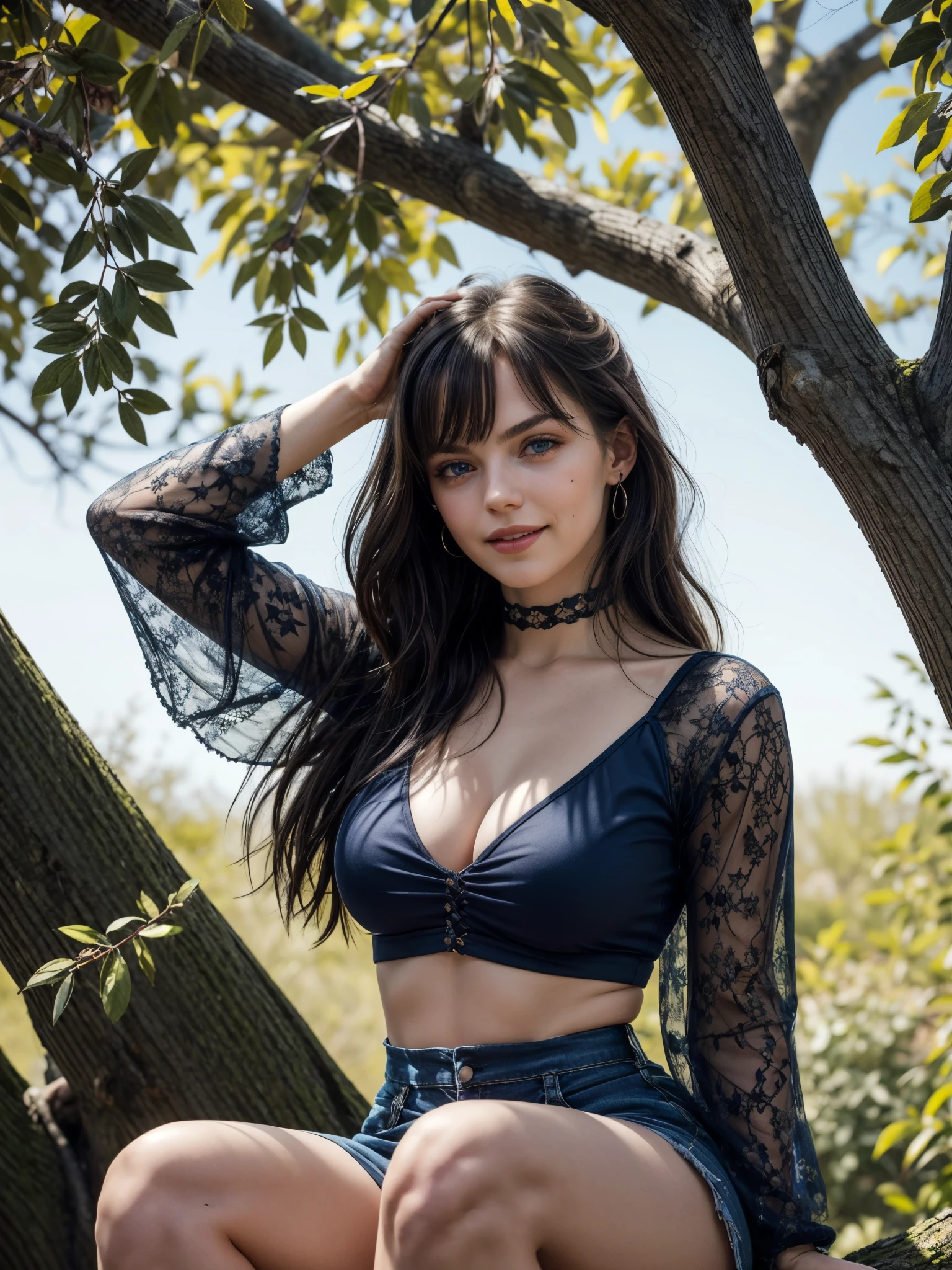 girl sitting on a big tree, BREAK, 1girl, sitting, (full body:0.6), raised arms, hand on head, (gigantic breasts), cleavage, legs, detailed hair, bangs, fluffy hair, detailed face, looking at viewer, smile, detached see-through wide sleeves, drapped short sleeves, navel, choker, natural lighting, dappled sunlight, high quality shadow, ambience occlusion, ray tracing, lush tree, moss, soft light, best quality, masterpiece, realistic photos, intricate details, raw photos, extremely detailed, old fashioned, peasant, blonde hair, perfect details, blue eyes,