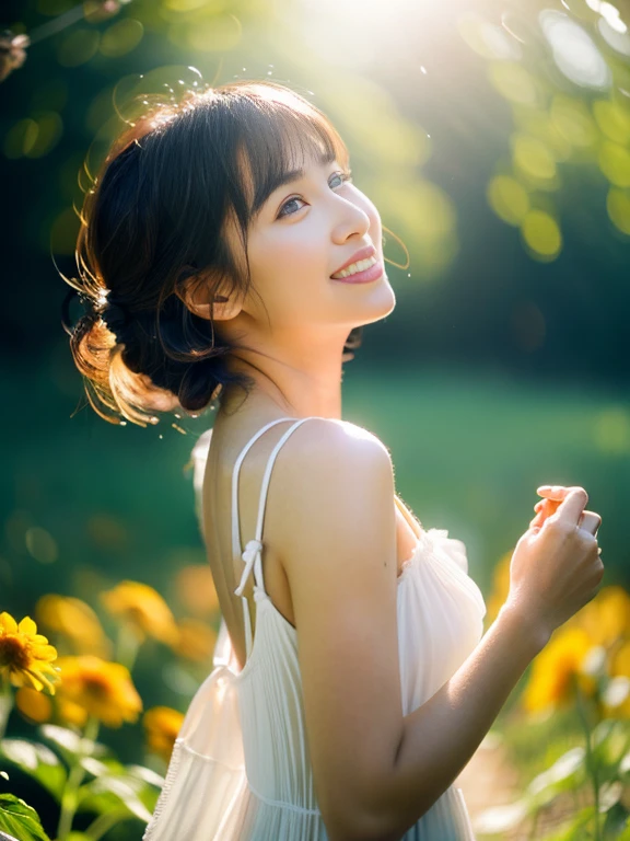 (masterpiece, best quality), outstanding details, ultra-high resolution, 
anatomically correct, wide shot, atmospheric perspective,

A beautiful woman walking along a stream in the forest, A lovely Japanese woman, 30 years old, 

cowboy shot,  (holding a sunflower, reaching out), 

(Plump:1.4), 

Happy smile, Mouth slightly open, looking at viewer,

round face, tareme, Downturned Eyes, pupils sparkling, small cute nose, thin lips, thin eyebrows, 

brown hair, low ponytail, short hair, swept bangs,

(wearing A white elegant slip dress made of a transparent smooth material), 

(background: Serene riverside with blossoming wildflowers at the forest)
depth of field, backlighting, morning sunlight, cinematic lighting, Reflected light from below, reflection light, dreamy atmosphere,  animated expression, 