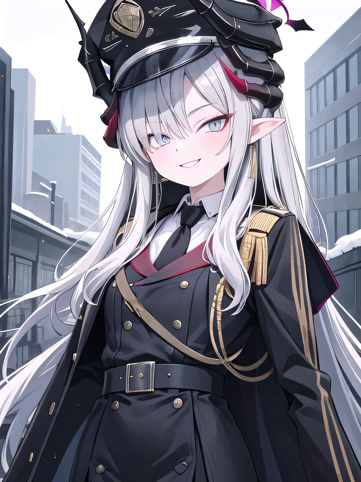 Masterpiece, hd, (safe:1.10), best quality, masterpiece, highres, solo, (makoto_bluearchive:1.10), 1girl, black coat, collared shirt,black necktie, long sleeves, looking at viewer, open coat, smile, military_uniform, white shirt, military cap, smile, evil, black dress, standing, outdoor 