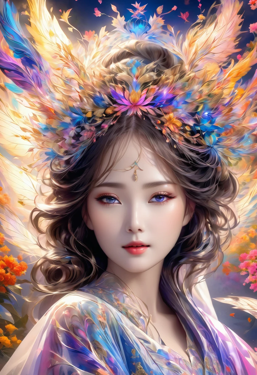 A masterpiece, high resolution, fractal art, Chinese costume, colorful flowers, one beautiful girl, very delicate and detailed art, fluttering costume like a heavenly maiden
