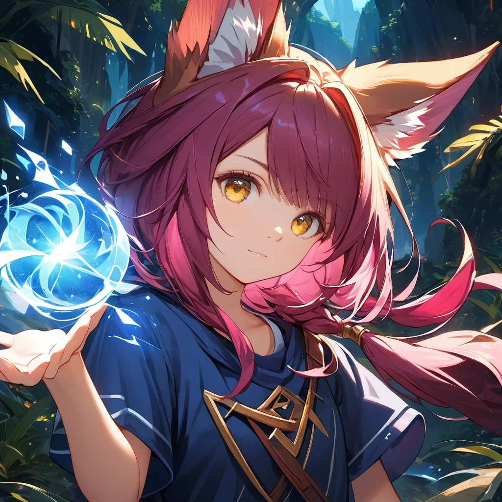Xayah,t-shirt, animal ears, yellow eyes, tunic, stunning, hair over shoulder, hoodless, beautiful, 4k, high_definition, detailed, teen, small, explorer, adventurous, magic, cowboy_pose