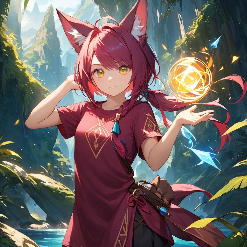 Xayah,t-shirt,  animal ears, yellow eyes, tunic, stunning, hair over shoulder, hoodless, beautiful, 4k, high_definition, detailed, teen, small, explorer, adventurous, magic, cowboy_pose