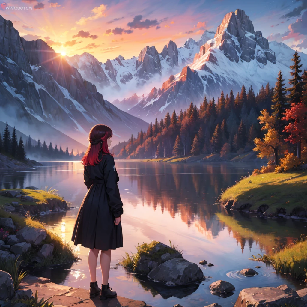 far shot of a girl standing by a lake, surrounded by mountains and a beautiful sunset with many colors
