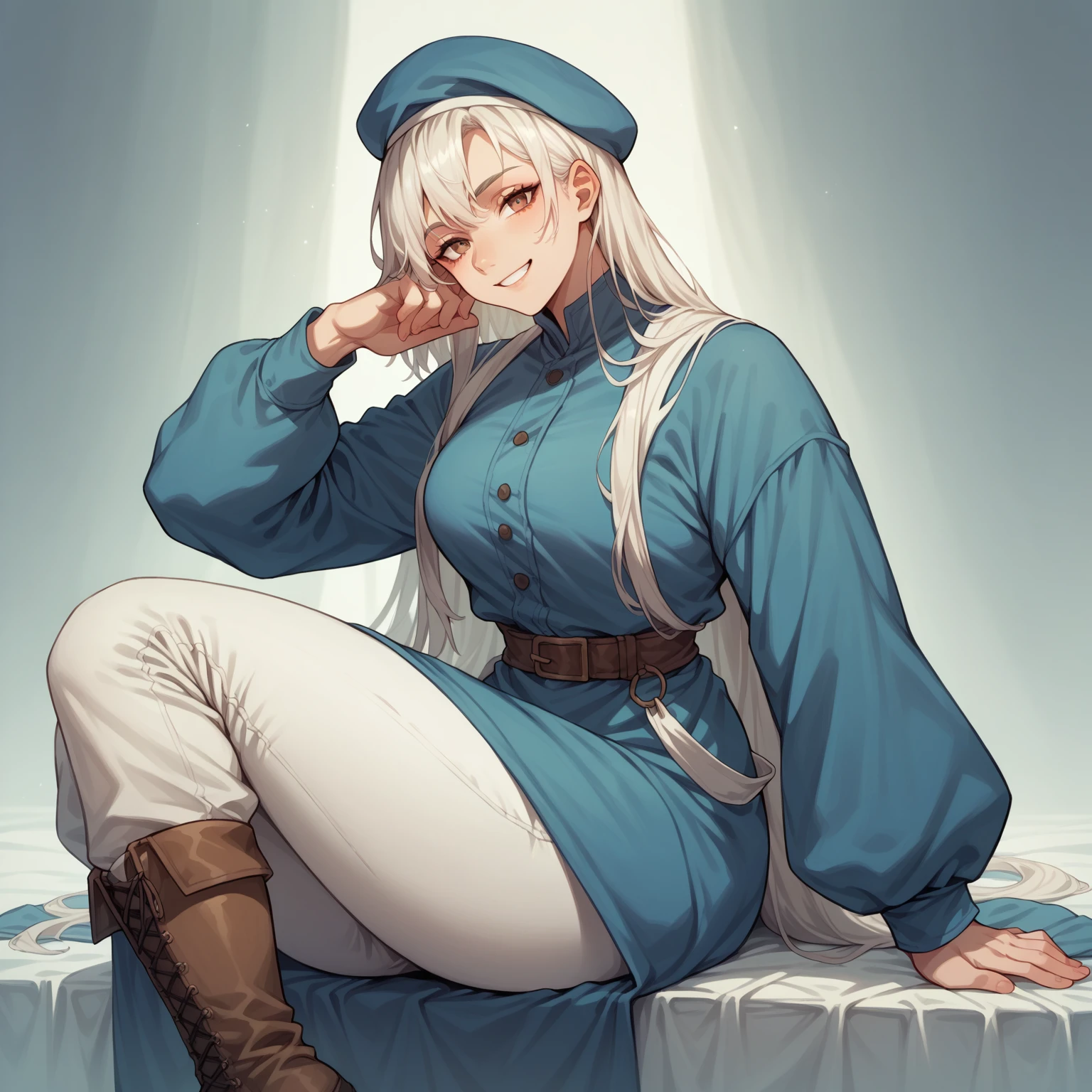 Falin Touden. Falin usually wears a white long-sleeved shirt and white pants., all under a dark blue tunic. Complete her look with brown knee-high boots and a beret that sets her apart.. look at the viewer (masterpiece, high quality: 1.1) smile