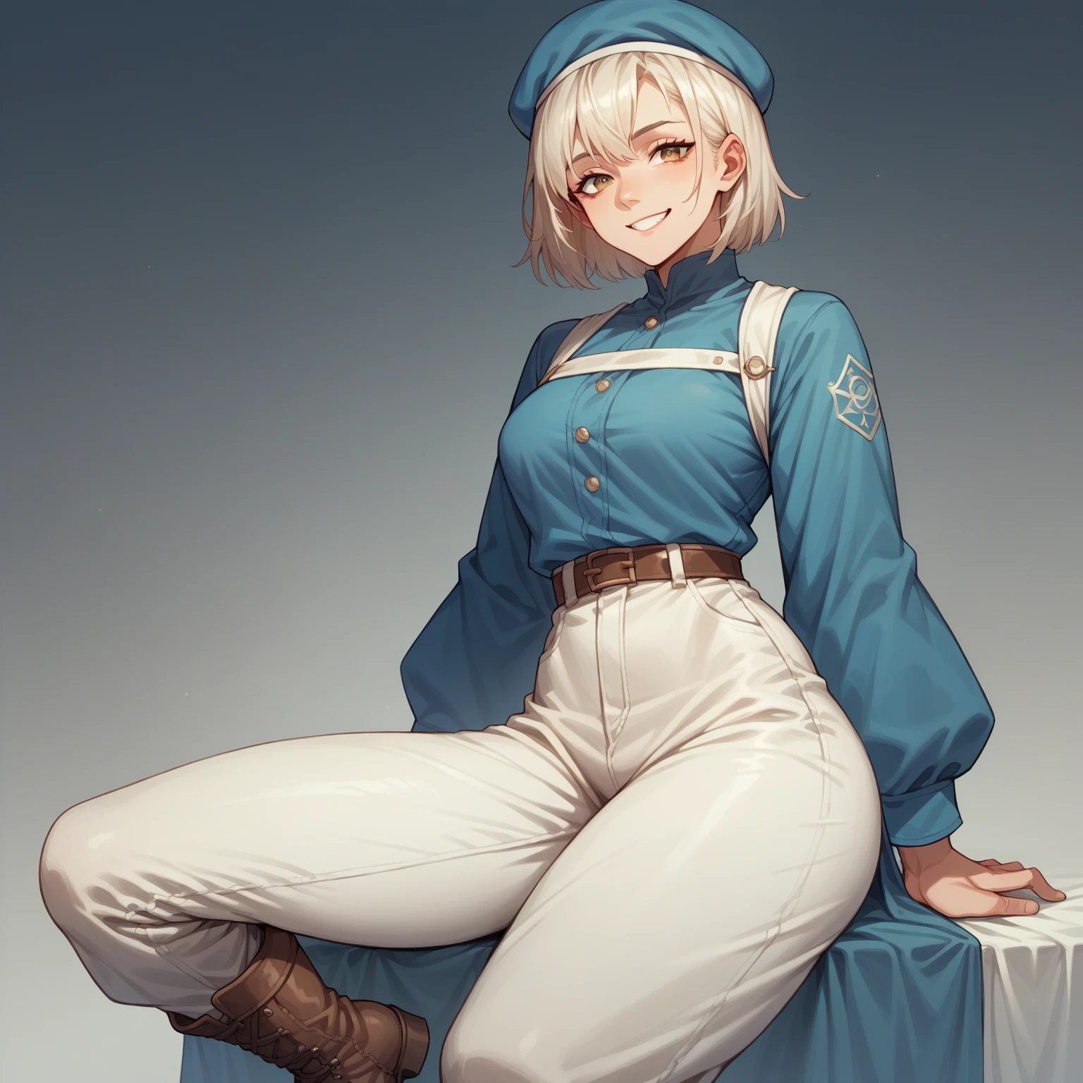 Falin Touden. Falin usually wears a white long-sleeved shirt and white pants., all under a dark blue tunic. Complete her look with brown knee-high boots and a beret that sets her apart.. look at the viewer (masterpiece, high quality: 1.1) smile