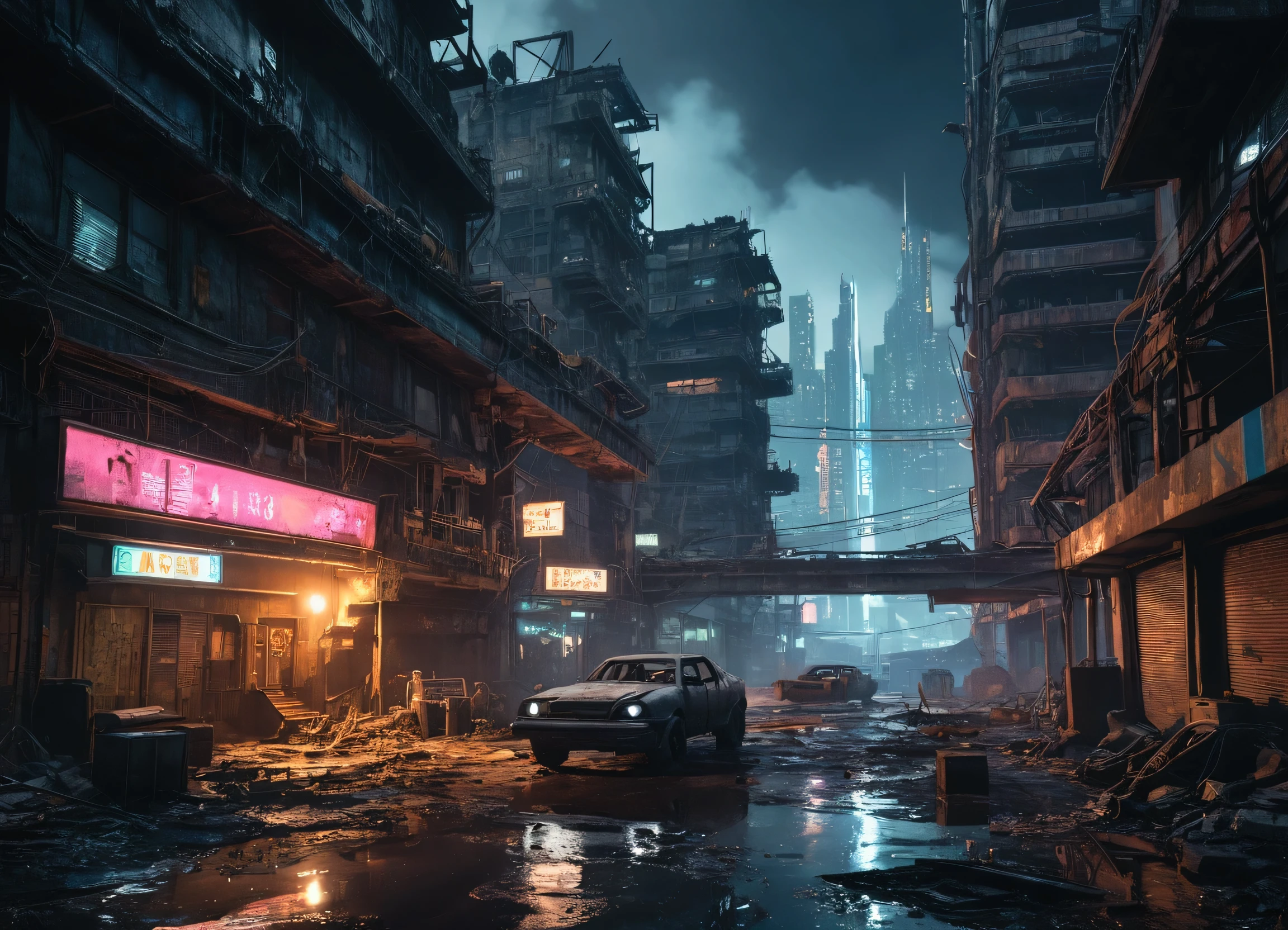 An 8K post-apocalyptic cyberpunk nightscape