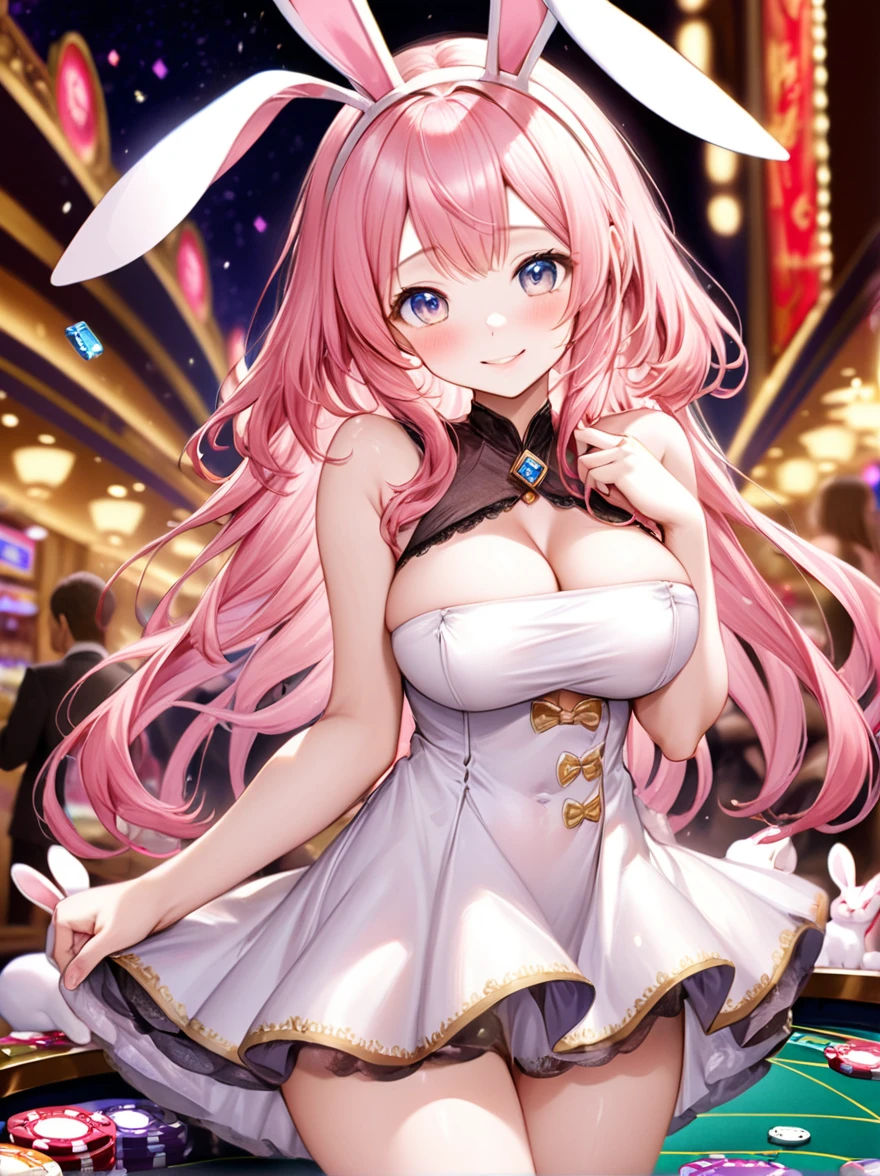 (Highest quality, 8k, 32K, masterpiece, Ultra-high resolution,:1.2),to be born, One Girl,So cute , Casino-like fantasy background, clear, Shining Eyes, Age 25 ,Fair skin, Pink Haired Girl, Fantasy Clothing, Long Hair, An innocent smile, Large Breasts, Big Breasts, dress, night, Bunny girl, Rabbit Ears,Nyan Nyan Pose,sexy