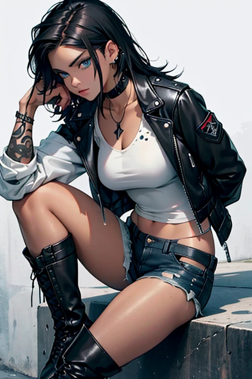 black haired girl, dark brown eyes, mestiza, with leather jacket, Black choker, ripped jean shorts, black military style boot boots, white short shirt, piercings and a tattoo next to a large white wolf with blue eyes with small black spots