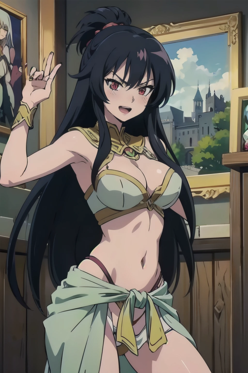 ABI_HIME, 1GIRL, SOLO, LONG HAIR, BLACK HAIR, RED EYES, 1girl, solo, smile, blush, lipstick, long hair, crazy eyes ,Hot girl, baddie, staring, glaring, bad attitude, mean girl, crazy, sensual, attractive,masterpiece, best quality, highly detailed, fantasy , a anime girls in armored dress holding a sword
posing for a picture, evil smile, smile, open mouth, breastplate with open cleavage, cleavage, warrior
outfit, ecchi anime style, anime girls, ecchi style, (nsfw) not safe for work, ecchi, digital anime art!!, in
anime style, official artwork, visual novel cg, beautiful anime girl, anime style 4 k , loincloth, exposed
belly, exposed navel, exposed midriff, exposed lower belly, pencil skirt armored, castle,inside castle