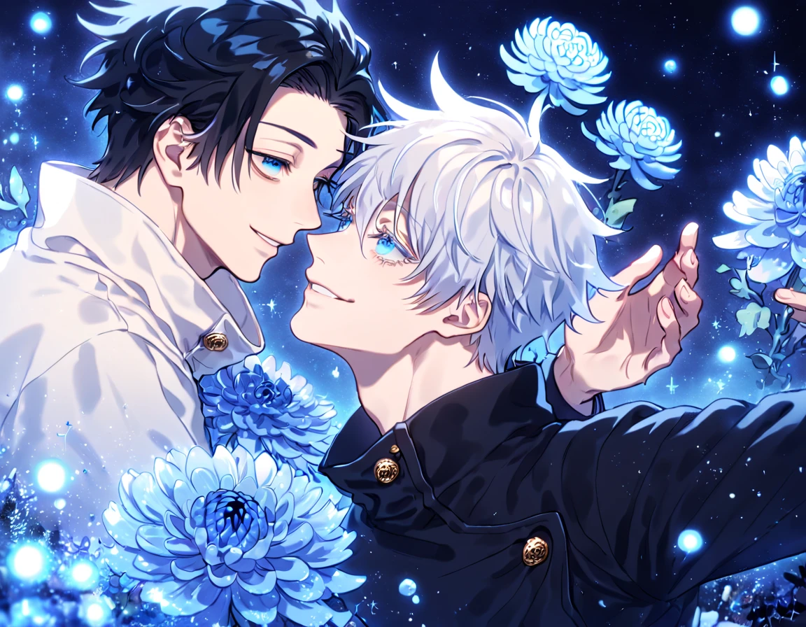 absurdres, highres, ultra detailed, HDR, master piece, best quality, extremely detailed, Okkotsu Yuuta, black hair, expressive blue eyes, Jujutsu Kaisen, Gojou Satoru, white hair, expressive blue eyes, white eyelashes, two sexy men together, yaoi, gay couple, handsome, handsome smile, black uniform with high collar, white uniform, fantasy, water, sparkling, blue glittering fireflies, blue moon, blue blossoms, blue chrysanthemums, blue sparkling lights, starry sky