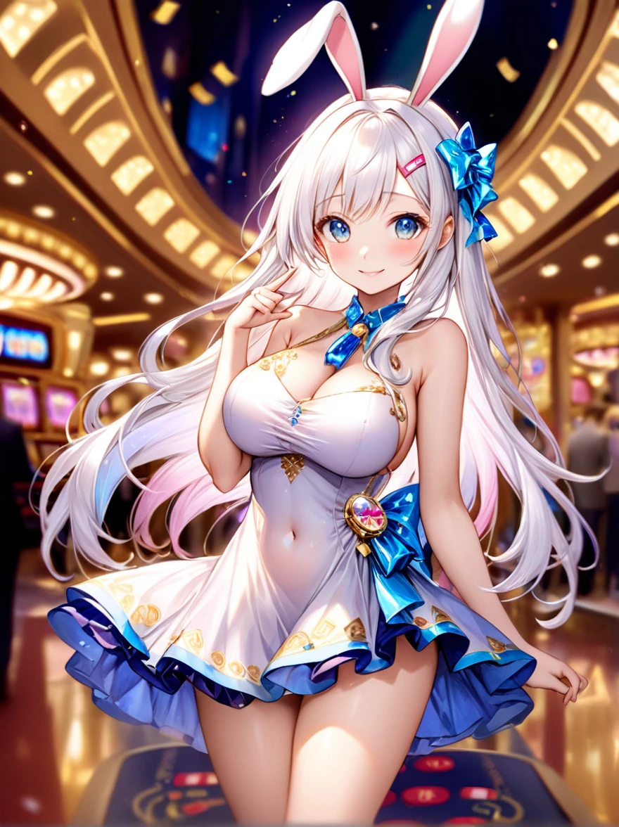 (Highest quality, 8k, 32K, masterpiece, Ultra-high resolution,:1.2),to be born, One Girl,So cute , Casino-like fantasy background, clear, Shining Eyes, Age 25 ,Fair skin, White Haired Girl, Fantasy Clothing, Long Hair, An innocent smile, Large Breasts, Big Breasts, dress, night, Bunny girl,Nyan Nyan Pose,sexy