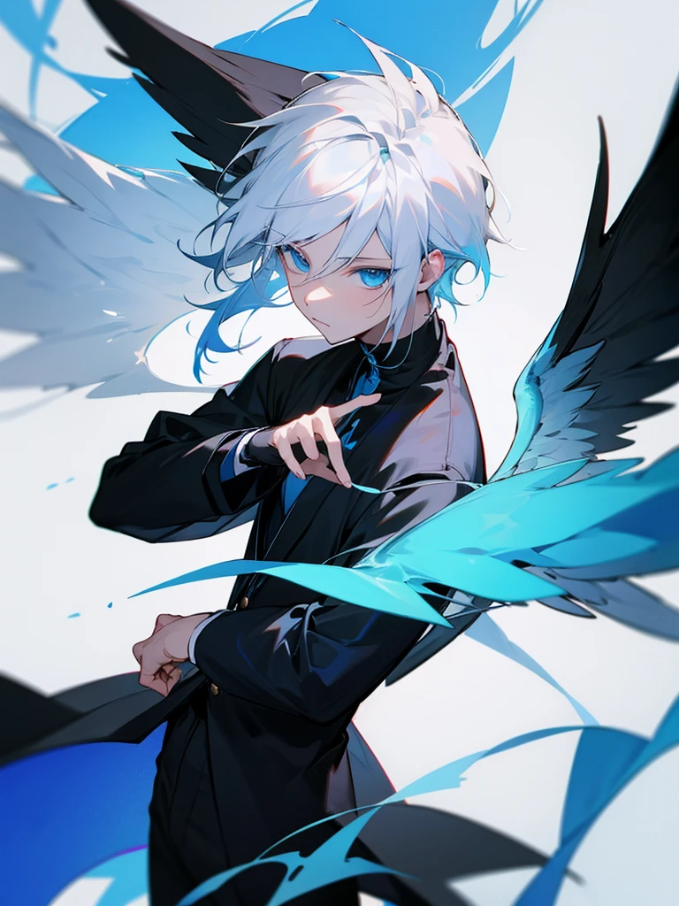 Male character white hair and blue eyes and black and blue wings and black clothes