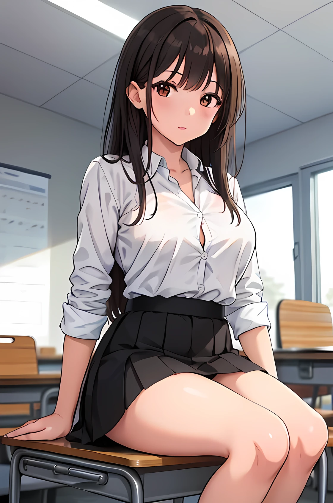 ((Masterpiece,Best Quality)), high - resolution, High resolution, depth_De_nobara, Cowboy Shot, 独奏, 1girls, KR1, Brown eyes, Long hair, Blunt bangs, kibito high school uniform, sweater, Pleated skirt, socks, Small breasts, crass room,