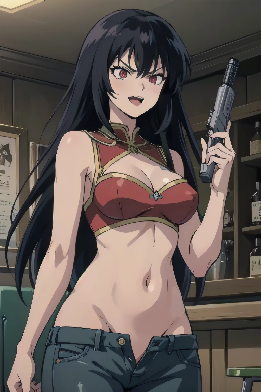 ABI_HIME, 1GIRL, SOLO, LONG HAIR, BLACK HAIR, RED EYES, SINGLE SHOULDER ARMOR, 1girl, solo, smile, blush, lipstick, long hair, crazy eyes ,Hot girl, baddie, staring, glaring, bad attitude, mean girl, crazy, sensual, attractive,bar background, inside bar, indoor,smile, masterpiece, best quality, highly detailed, a girls with a gun, evil smile , open mouth, sexy gaze, badass pose , evil smile, smile, (nsfw) not safe for work, guns blazing, anime girl with long hair, beautiful long haired girl, navel, evil expression, exposed belly, exposed navel, exposed midriff, exposed lower belly, long black pants, crop top, cleavage, unbuttoned leather pants ,open fly, low rise black leather pants, leather jacket, holding a gun, holding pistol